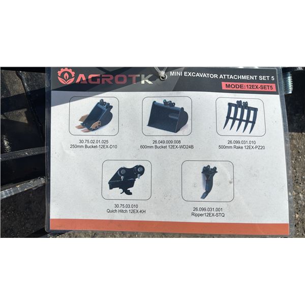 *NEW* AGROTK 5 PIECE EXCAVATOR ATTACHMENT SET: 250MM BUCKET, 600MM BUCKET, 500 MM RAKE, QUICK HITCH