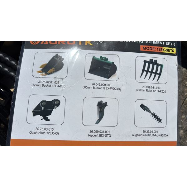 *NEW* AGROTK 5 PIECE EXCAVATOR ATTACHMENT SET: 250MM BUCKET, 600MM BUCKET, 500 MM RAKE, QUICK HITCH