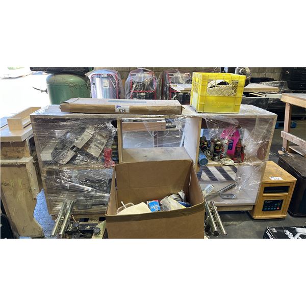 6 CUBBY WOOD SHELF & CONTENTS, ADJUSTABLE MITER SAW STAND & BOX OF SEAMFIL, WIRE CONNECTORS & MORE