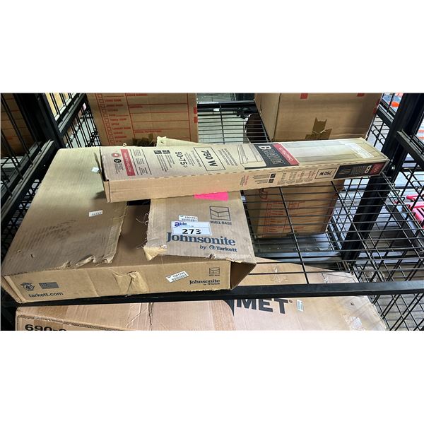 RACK OF POLYSTYRENE INSULATION, ELECTRIC BASEBOARD HEATER, JOHNSONITE WALL BASE & MORE