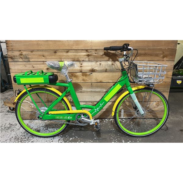 E-ASSISTED GREEN & YELLOW BICYCLE WITH KEY & CHARGER