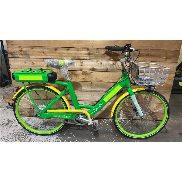 E-ASSISTED GREEN & YELLOW BICYCLE WITH KEY & CHARGER