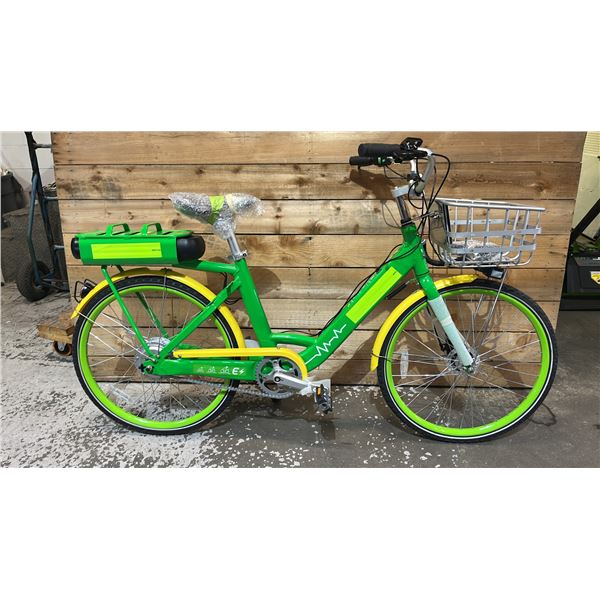 E-ASSISTED GREEN & YELLOW BICYCLE WITH KEY & CHARGER