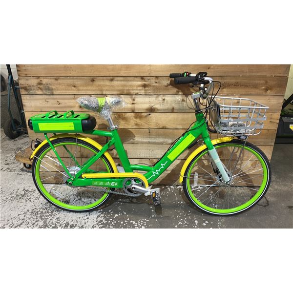 E-ASSISTED GREEN & YELLOW BICYCLE WITH KEY & CHARGER