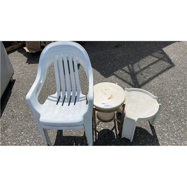 (2) PLASTIC STACKING CHAIRS, PLASTIC STOOL & METAL SIDE TABLE