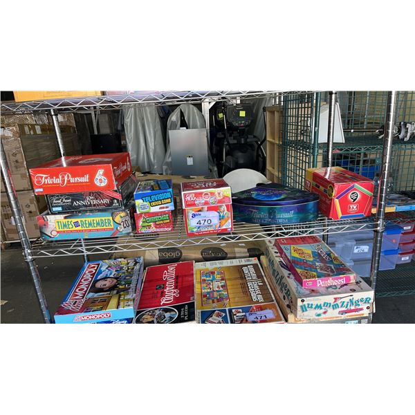 SHELF OF ASSORTED GAMES: TRIVIAL PURSUIT, TIME TO REMEMBER, GIFT TRAP & MORE
