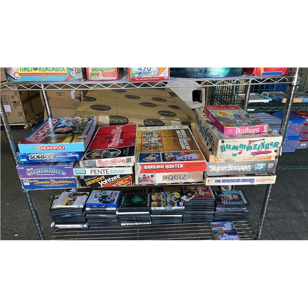 SHEL OF ASSORTED VINTAGE BOARD GAMES; PARCHEESI, MONOPOLY, SORRY, YAHTZEE & MORE