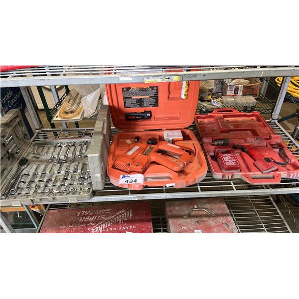 MILWAUKEE CORDLESS 3/8" DRIVER DRILL, PASLODE CORDLESS NAILGUN & SOCKET WRENCH SET (NOT COMPLETE)