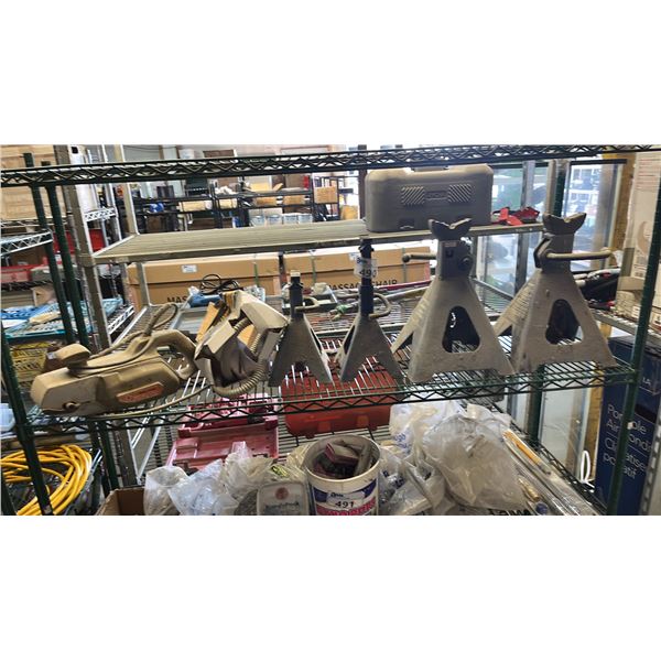 SHELF OF JACK STANDS, AIR PALM SANDER DUST BAG & HOSE AND BLACK & DECKER BELT SANDER