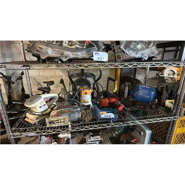 SHELF OF ASSORTED POWER TOOLS: BELT SANDER, JIG SAW, ROUTER, STAPLE GUN, DRILL & 6" BENCH GRINDER