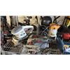Image 2 : SHELF OF ASSORTED POWER TOOLS: BELT SANDER, JIG SAW, ROUTER, STAPLE GUN, DRILL & 6" BENCH GRINDER