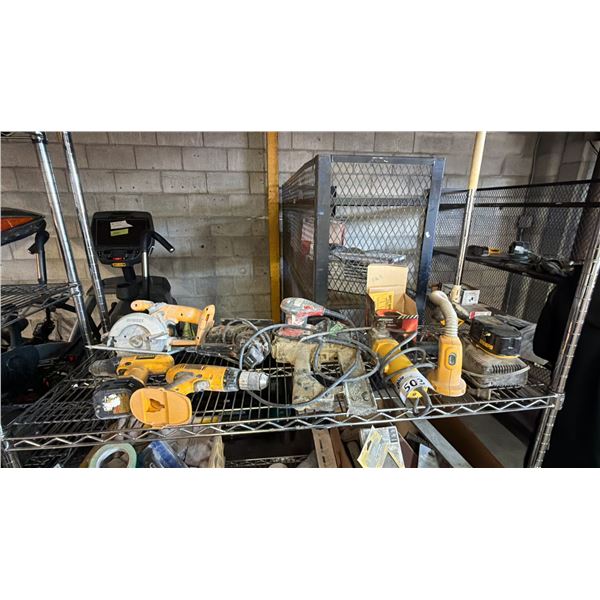 SHELF OF ASSORTED TOOLS: DRILLS, CIRCULAR SAW, NAIL GUN, ANGLE GRINDER & MORE