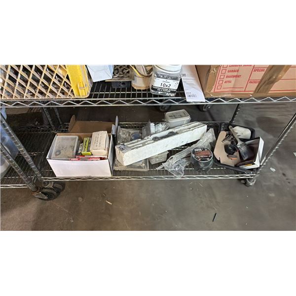 SHELF OF ASSORTED NAILS, SLIDE HAMMER, ANTI-SLIP TAPE & MORE