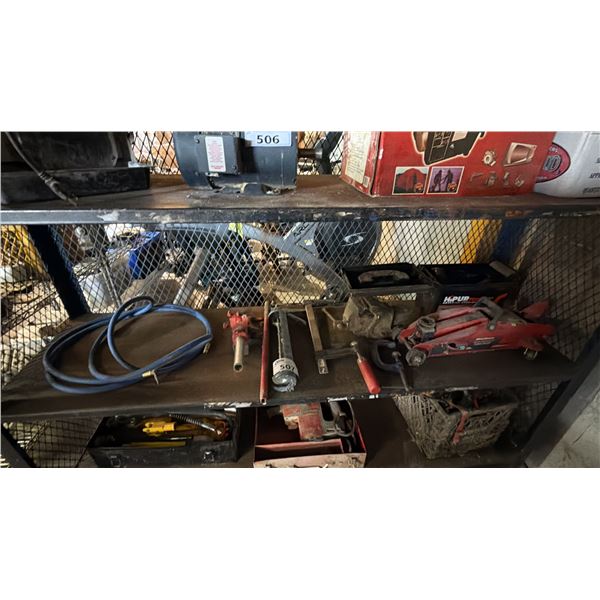 MOTOMASTER 2.5 TON JACK, PNEUMATIC HOSE, CLAMPS, VISE, CAULKING GUN & MORE