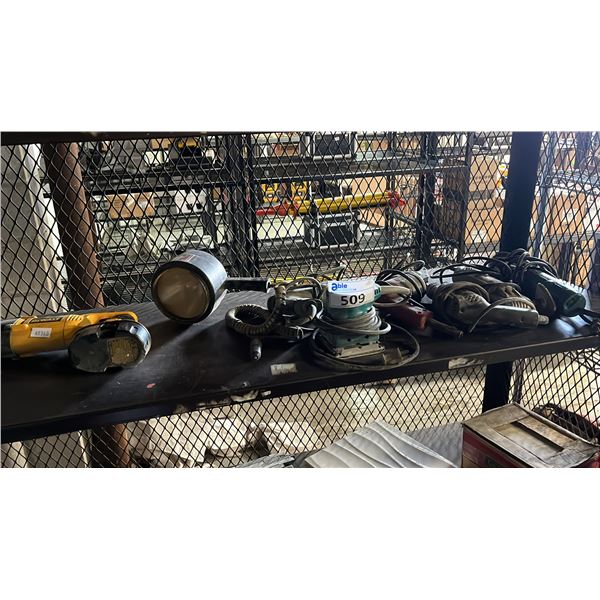 SHELF OF ASSORTED TOOLS, RECIPROCATING SAW, ANGLE GRINDER, DIE GRINDER, PALM SANDER, DRILLS & MORE