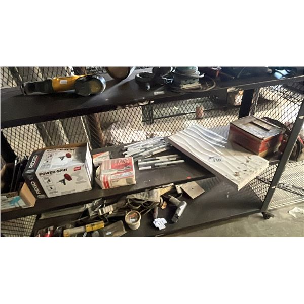SHELF OF ASSORTED TILES, METAL DRYWALL CORNER TAPE, RIGID POWER-SPIN & MORE