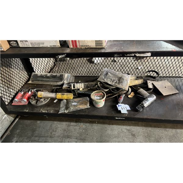 SHELF OF CAULKING GUNS, LITHIUM GREASE, BALL BEARINGS & MORE