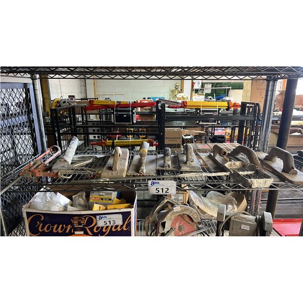 SHELF OF ASSORTED DRYWALL TROWELS, WOODEN FLOATS, CAULKING GUNS & MORE
