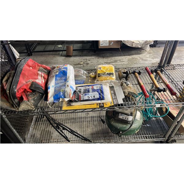 SHELF OF PAPER COVERALLS, MILWAUKEE TOOL BAG & CONTENTS, HAMMERS, SPONGE & MORE