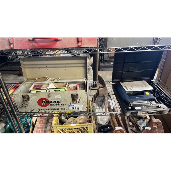 METAL TOOL KIT FILLED WITH ASSORTED FASTENERS, MASTERCRAFT BRAD NAILER & ADZ HEAD