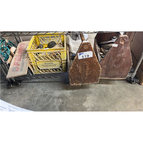 (2) VINTAGE WOOD TOOLBOXES WITH CONTENTS, CRATE OF PIPE FITTINGS & MORE
