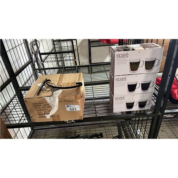BOX OF DECOR BRACKETS FOR HANGING PLANT BASKETS & (3) SETS OF 2 EPARE COFFEE MUGS