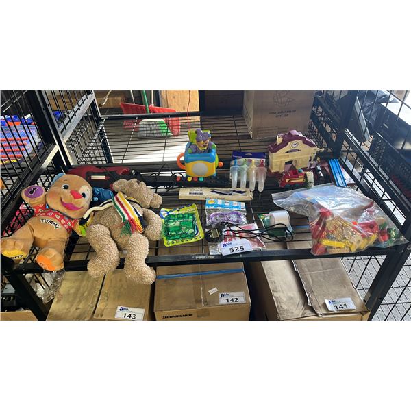 SHELF OF ASSORTED TOYS & KITCHEN ITEMS: PLUSH BEARS, TOY GUITAR, CRAZY STRAW GLASSES & MORE