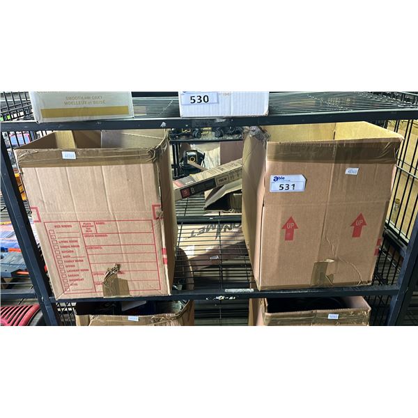 BOX OF ASSORTED SCREWS & TOOL BOXES & BOX OF PAINT STRAINERS, CABLE & MORE