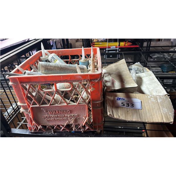 CRATE OF ASSORTED SEALANT & ADHESIVE AND A BOX OF SCREWS