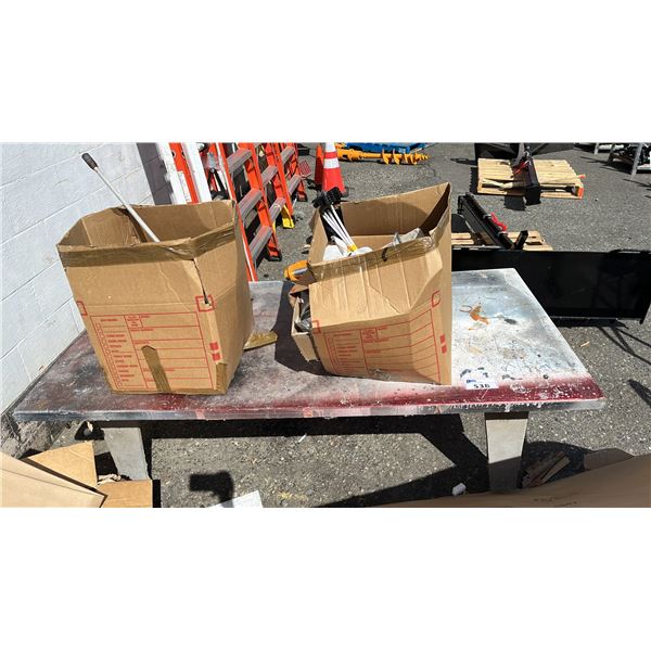 WOOD TABLE & (2) BOXES OF TOOLS, WORKLIGHT, CAULKING GUNS & MORE