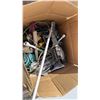 Image 3 : WOOD TABLE & (2) BOXES OF TOOLS, WORKLIGHT, CAULKING GUNS & MORE