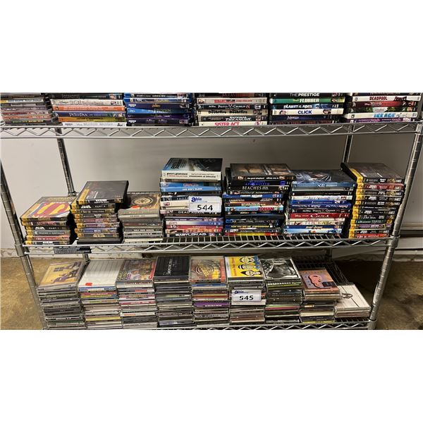 SHELF OF ASSORTED GRAPHIC CD AUDIO BOOKS, DVD MOVIES & BLU-RAY MOVIES