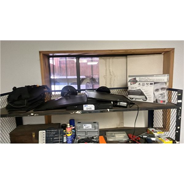 MOTORCYCLE COVER, BLU-RAY DISC PLAYER, (2) MONITORS & DEWALT TOOL BACKPACK BAG
