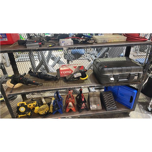 SHELF OF ASSORTED TOOLS:  SANDER/POLISHER, RECIPROCATING SAW, TORQ ORBITAL SANDER & MORE