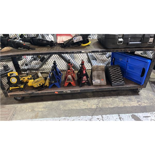 SHELF OF AXLE STANDS, WHEEL CHOCKS, WORK LIGHTS, COLLAPSIBLE CRATE & POWER BAR