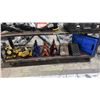 Image 1 : SHELF OF AXLE STANDS, WHEEL CHOCKS, WORK LIGHTS, COLLAPSIBLE CRATE & POWER BAR