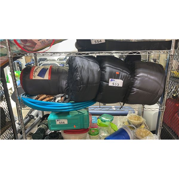 (2)  OUTBOUND SLEEPING BAGS, (2) BASEBALL GLOVES & A GARDEN HOSE