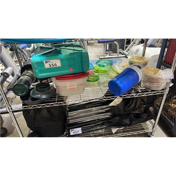 SHELF OF PLASTIC CONTAINERS WITH LIDS, ASSORTED PERSONA DISHES, FLATWARE & MORE