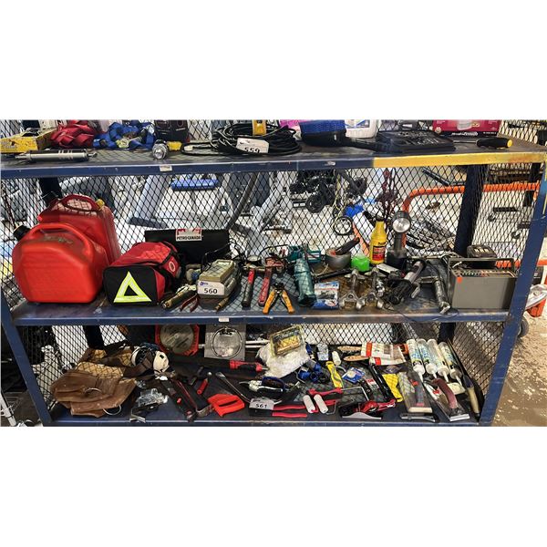 (2) JERRY CAN, ROADSIDE ASSISTANCE KIT, HAND TOOLS, MICRONTA AUTO-RANGE DIGITAL MULTIMETER & MORE