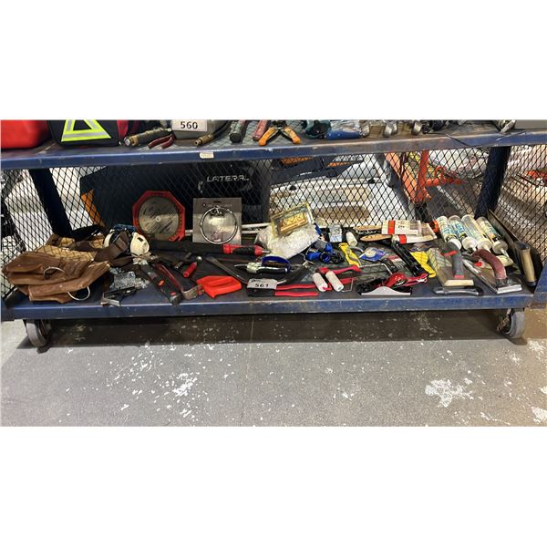 SHELF OF ASSORTED HAND TOOLS, GROUT FLOAT, PAINT BRUSHES, LATEX SILICONE CAULKING & MORE