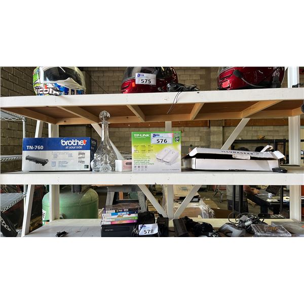 SHELF OF ASSORTED ITEMS INCLUDING; TP-LINK AV1200 3-PORT GIGABIT PASSTHROUGH POWERLINE STARTER KIT,