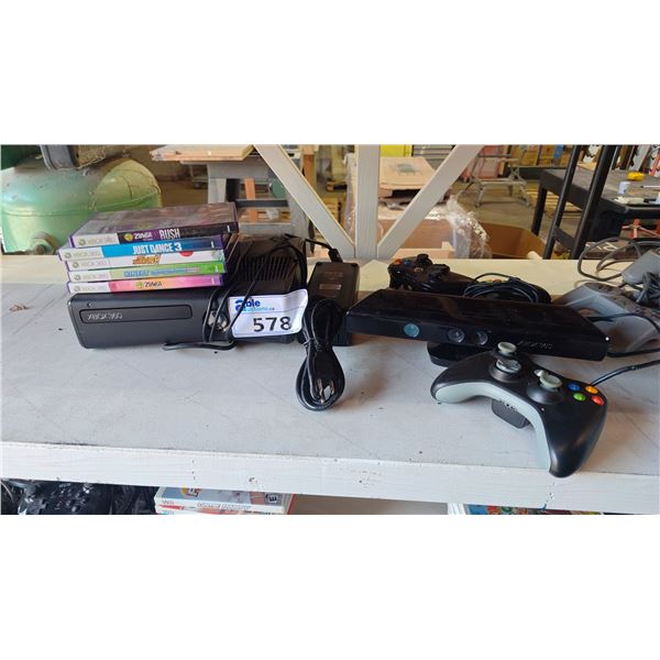 XBOX 360 CONSOLE WITH POWER CORD, XBOX KINECT, 3 CONTROLLERS & ASSORTED GAMES