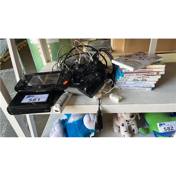 NINTENDO WIIU WITH POWER CORDS, HANDHELD CONTROLLER, WIRELESS CONTROLLER, NUNCHUCKS & ASSORTED GAMES
