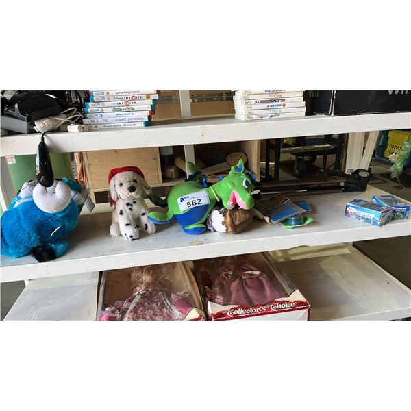 SHELF OF ASSORTED ITEMS INCLUDING; TRIPOD, STUFFED ANIMALS, UNIVERSAL INNER TUBES & MORE