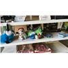 Image 1 : SHELF OF ASSORTED ITEMS INCLUDING; TRIPOD, STUFFED ANIMALS, UNIVERSAL INNER TUBES & MORE