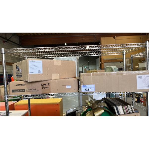SHELF OF ASSORTED ITEMS INCLUDING; BOSE FREESPACE IZA 2120-HZ INTEGRATED ZONE AMPLIFIER, MIDDLE