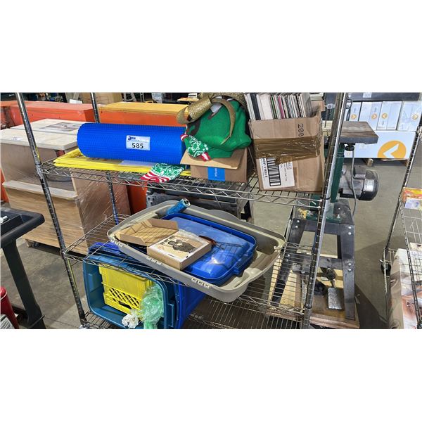 3 SHELVES OF ASSORTED ITEMS INCLUDING; FOAM ROLLER, RECORDS, TOTES & MORE