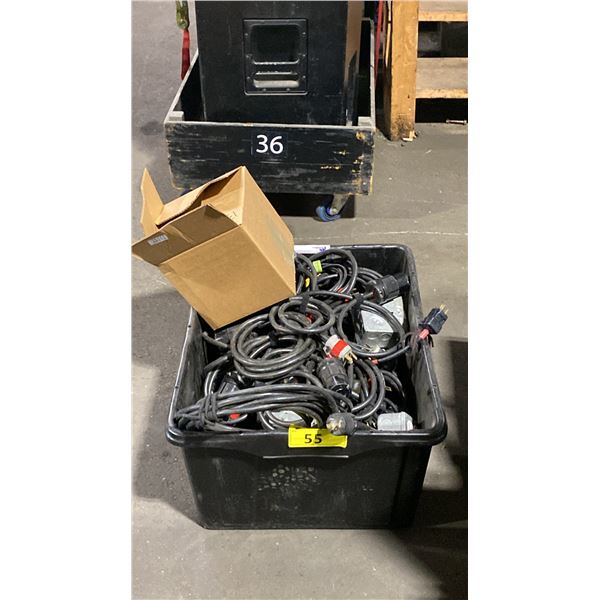 BIN OF ASSORTED POWER BOX OUTLETS, CABLES & DATA LINK CABLES