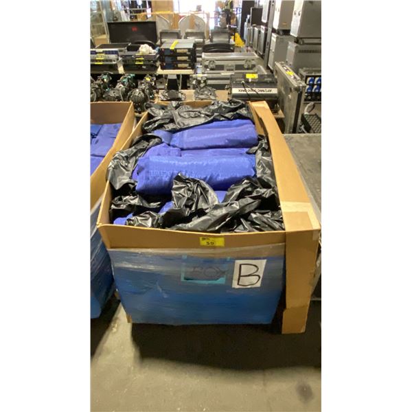 LARGE PALLET BOX OF ASSORTED SIZED ALL BLUE BANJO DRAPES APPROX 595 PCS TOTAL