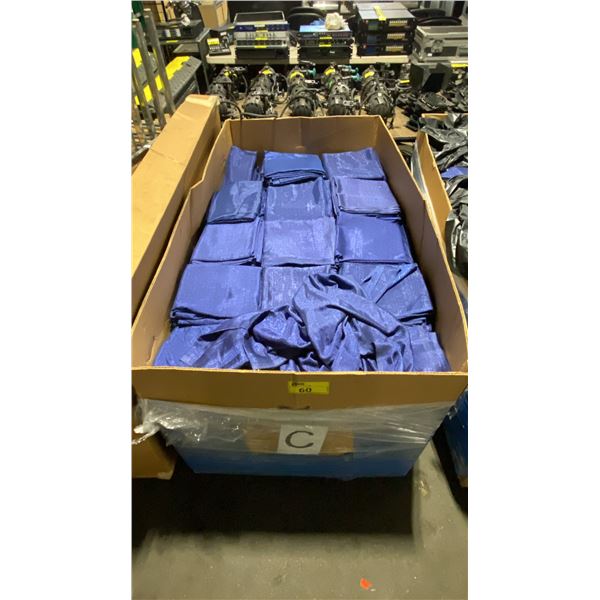 LARGE PALLET BOX OF ASSORTED SIZED ALL BLUE BANJO DRAPES/SKIRTS APPROX 435 PCS TOTAL